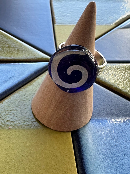 Dark Blue Silverfoil Swirl Fused Glass Ring