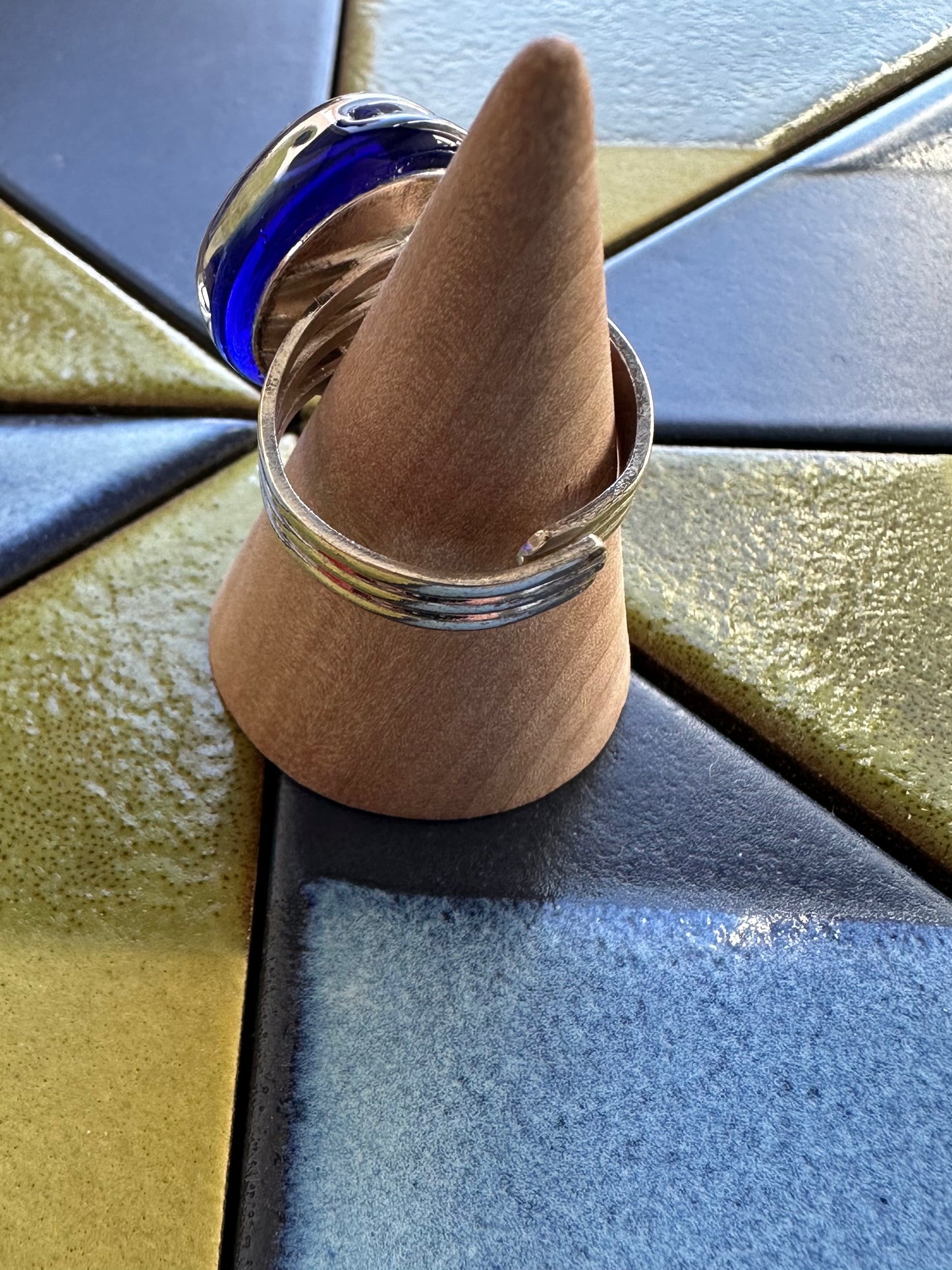 Dark Blue Silverfoil Swirl Fused Glass Ring