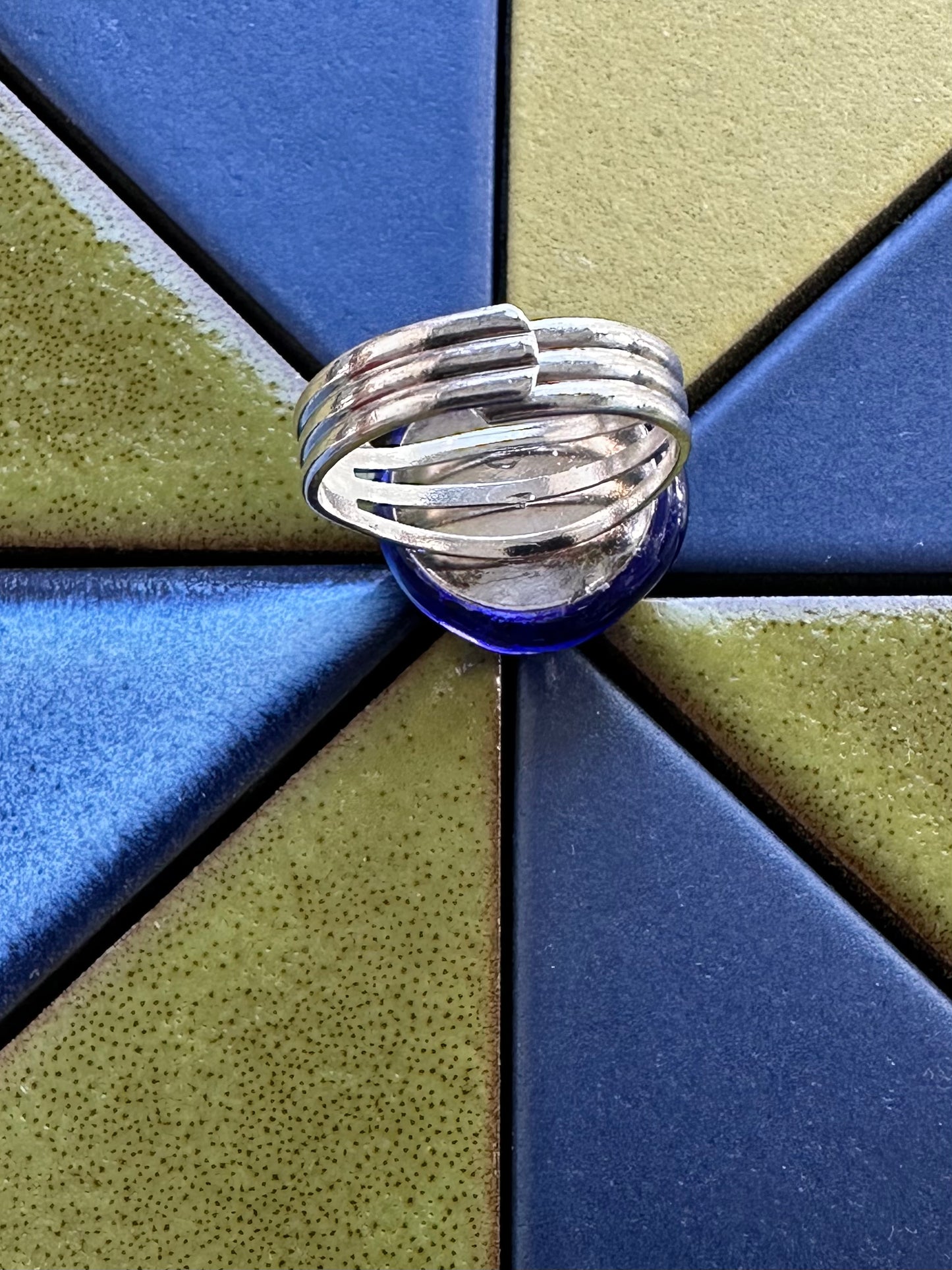 Dark Blue Silverfoil Swirl Fused Glass Ring