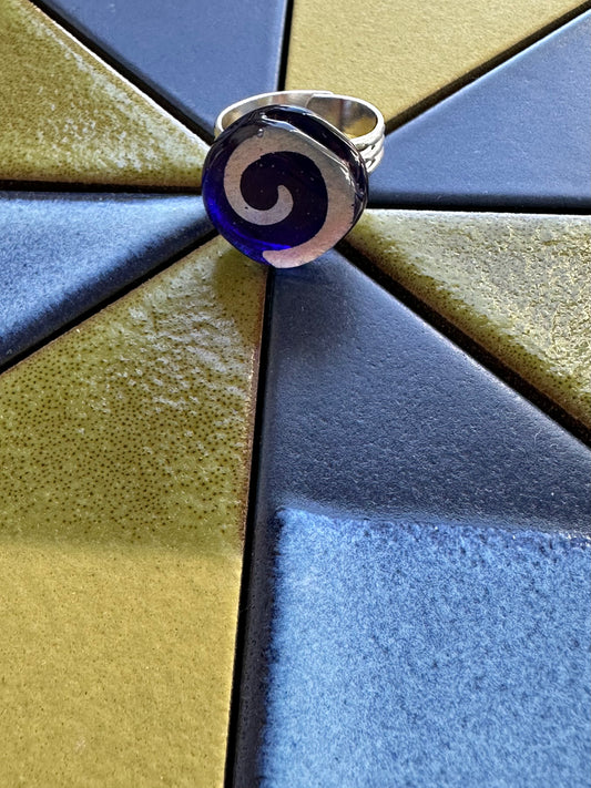 Dark Blue Silverfoil Swirl Fused Glass Ring