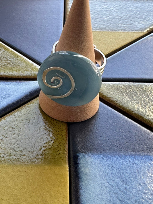 Light Blue Silver Swirl Fused Glass Ring