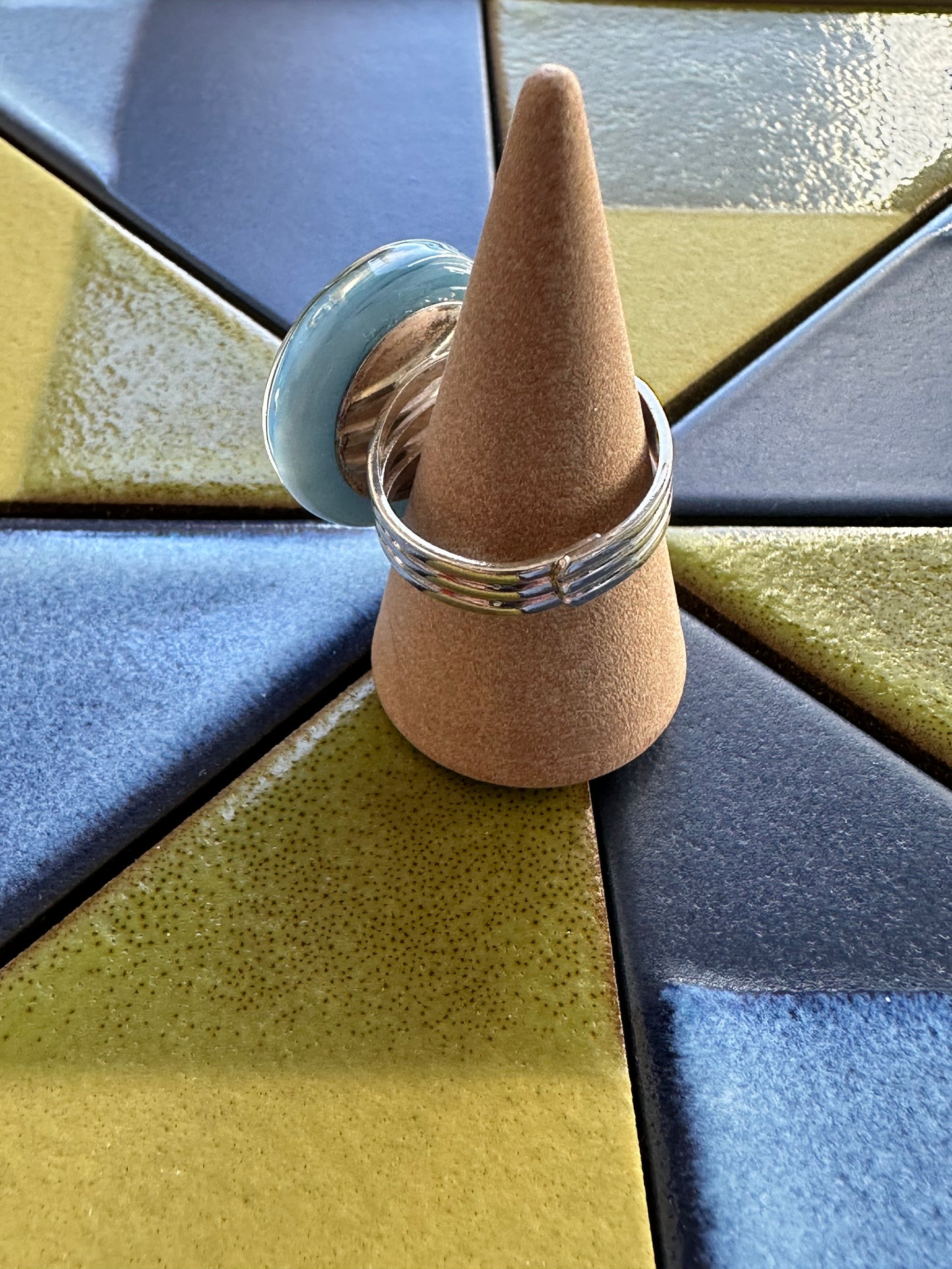 Light Blue Silver Swirl Fused Glass Ring