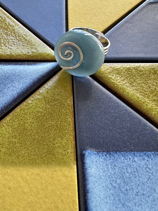 Light Blue Silver Swirl Fused Glass Ring