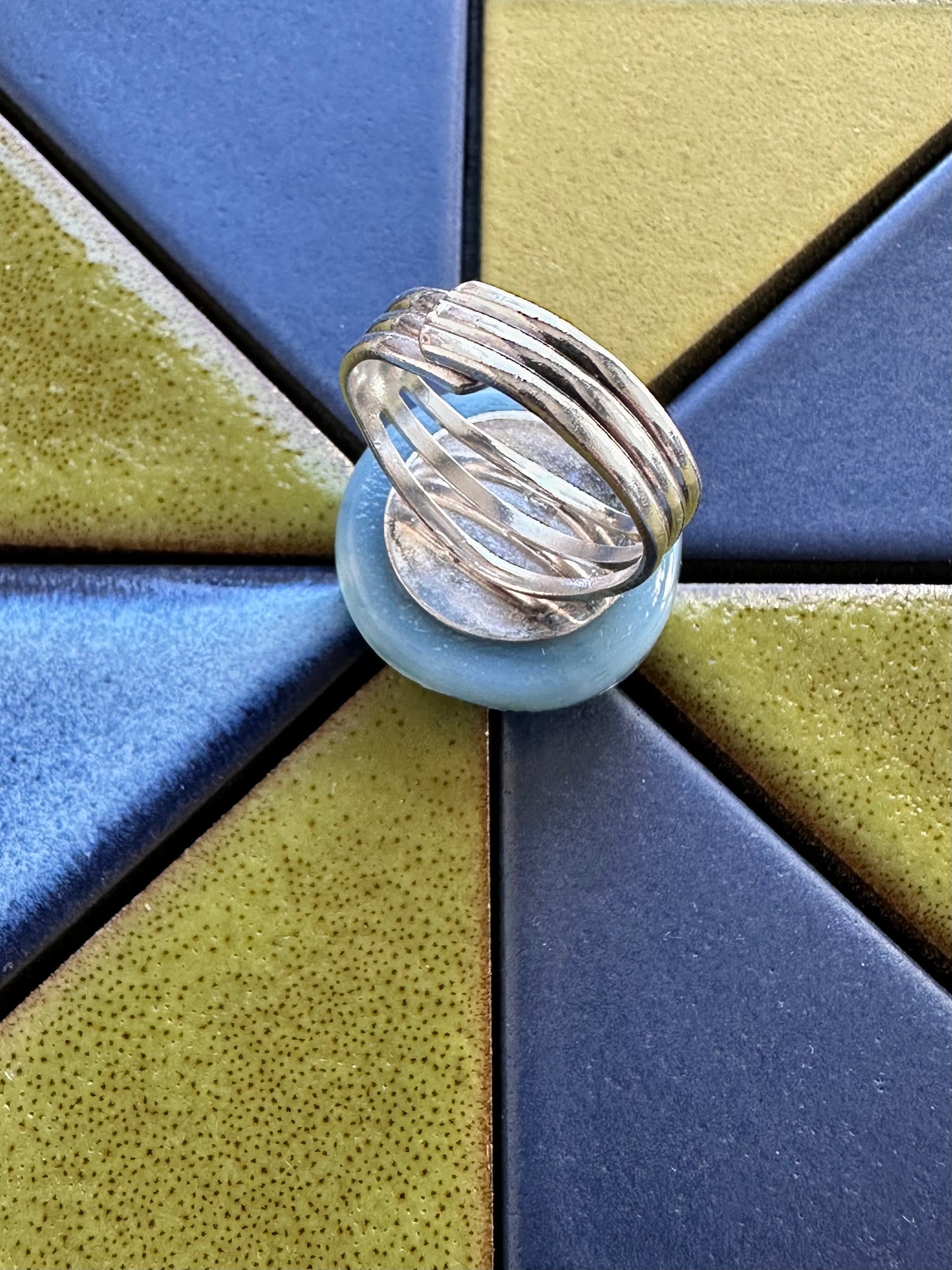 Light Blue Silver Swirl Fused Glass Ring