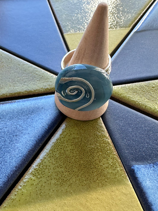 Light Blue Silver Swirl and Bubbles Fused Glass Ring