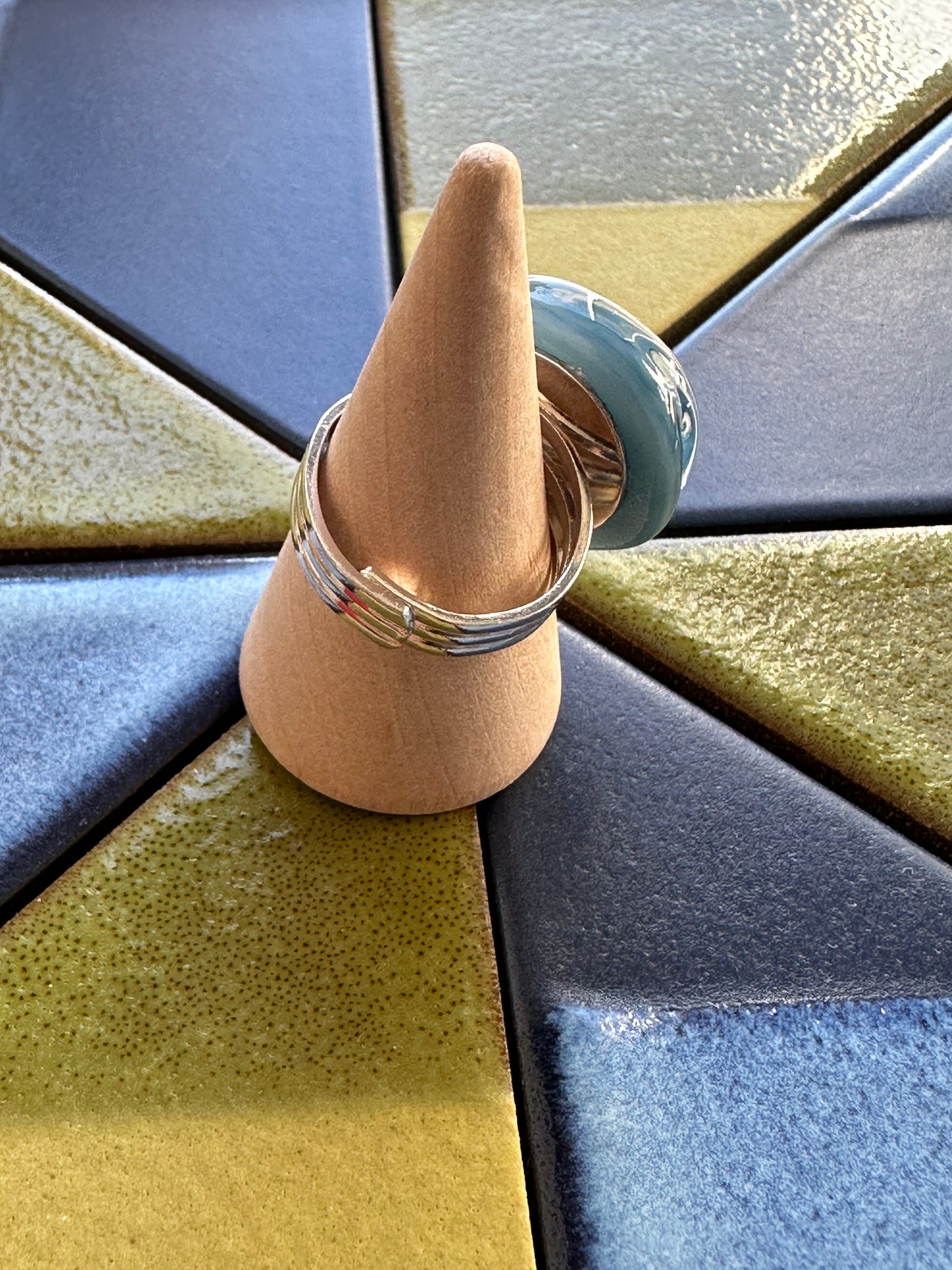 Light Blue Silver Swirl and Bubbles Fused Glass Ring