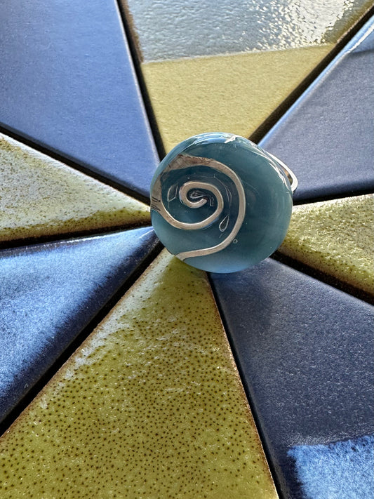 Light Blue Silver Swirl and Bubbles Fused Glass Ring