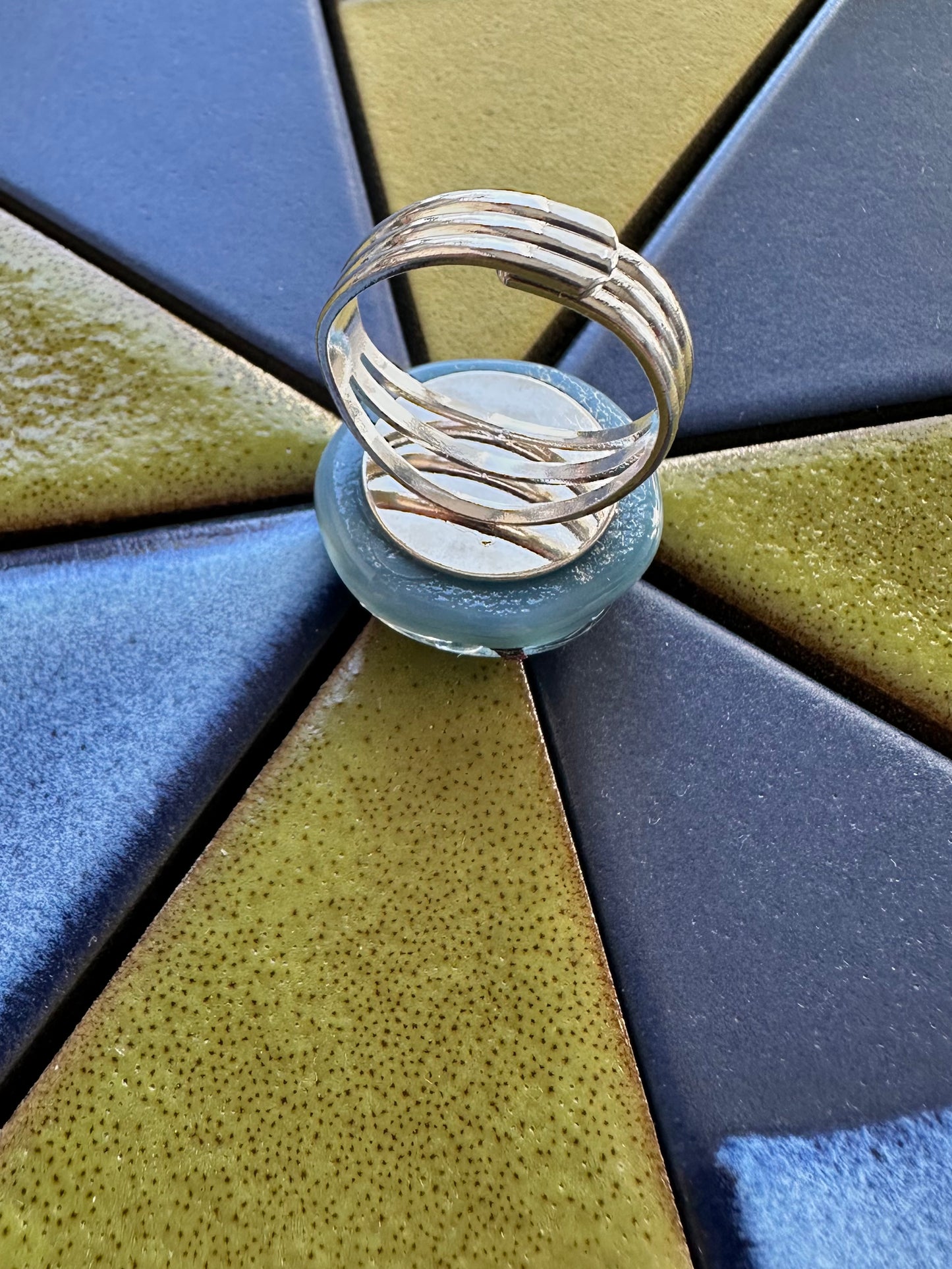 Light Blue Silver Swirl and Bubbles Fused Glass Ring