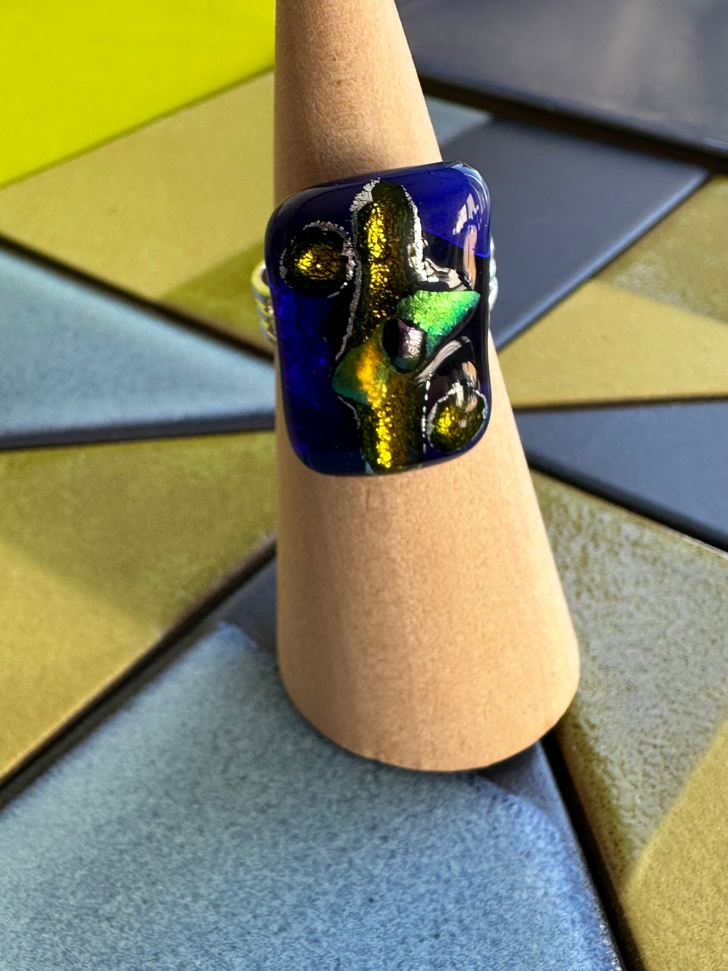 Abstract Blue & Gold Fused Glass Ring