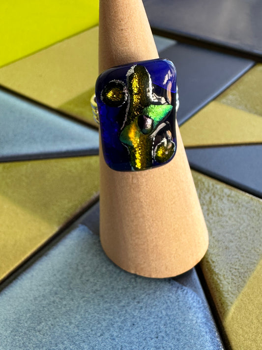 Abstract Blue & Gold Fused Glass Ring
