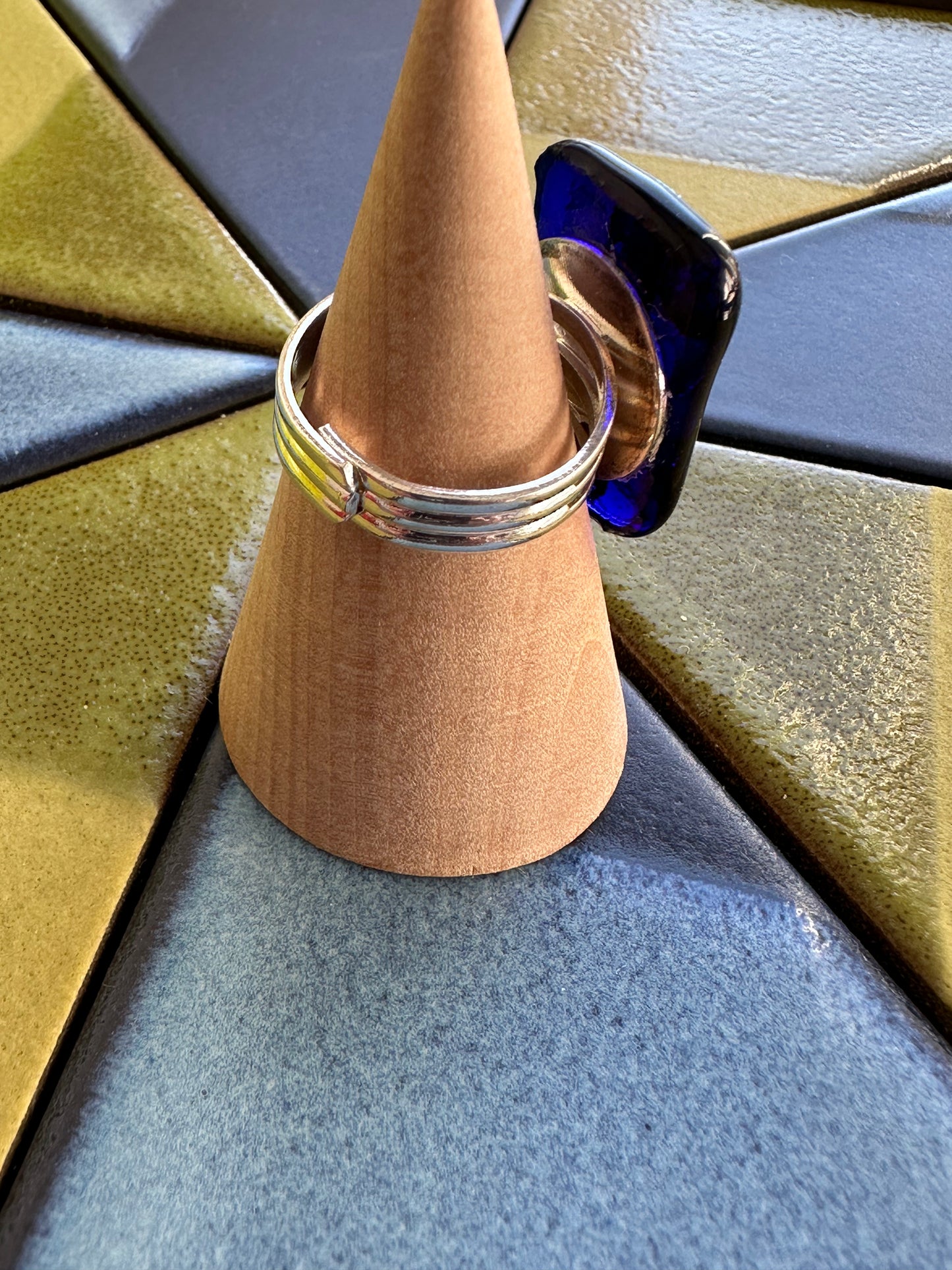 Abstract Blue & Gold Fused Glass Ring