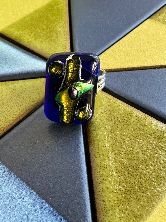 Abstract Blue & Gold Fused Glass Ring