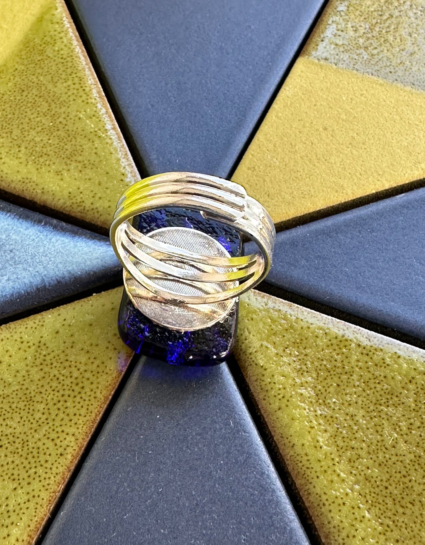 Abstract Blue & Gold Fused Glass Ring