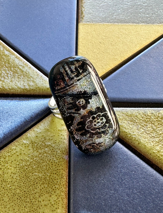 Acid Etched Silver Flower Fused Glass Ring