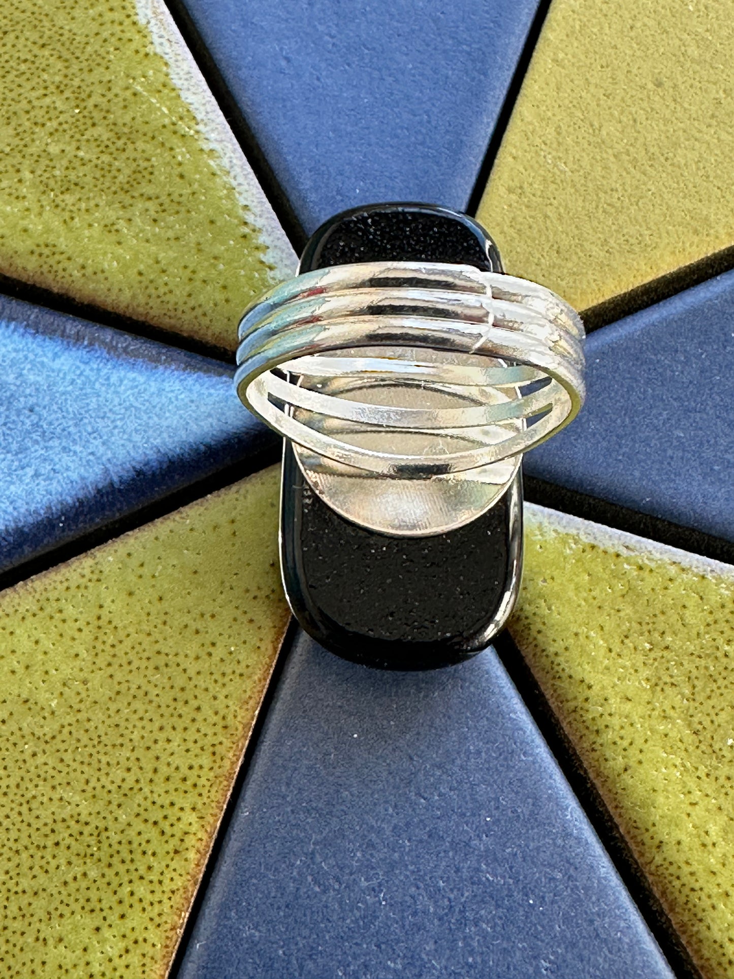 Acid Etched Silver Flower Fused Glass Ring