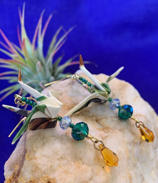 Mini Green & Gold Paper Crane Earrings