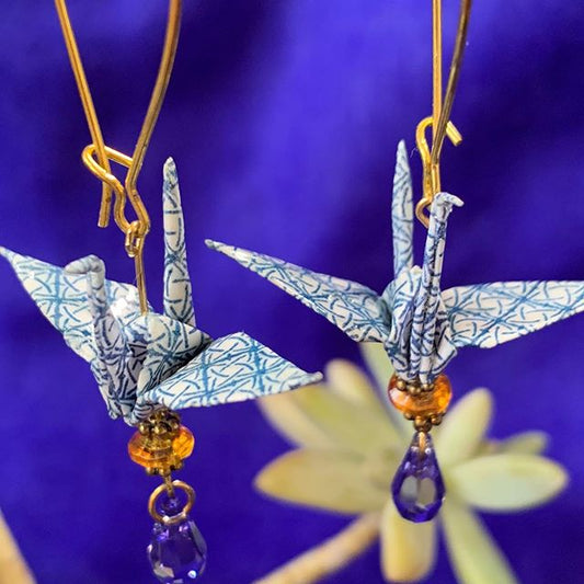 Mini Blue & Gold Paper Crane Earrings