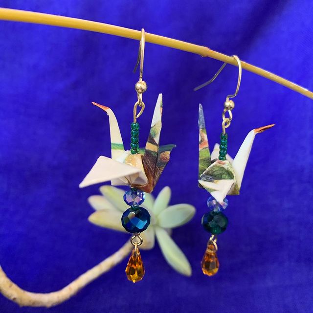 Mini Green & Gold Paper Crane Earrings