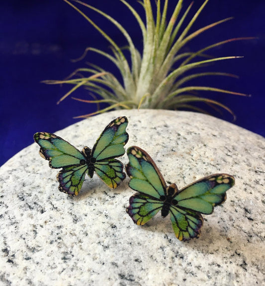 Green Wooden Butterfly Earrings