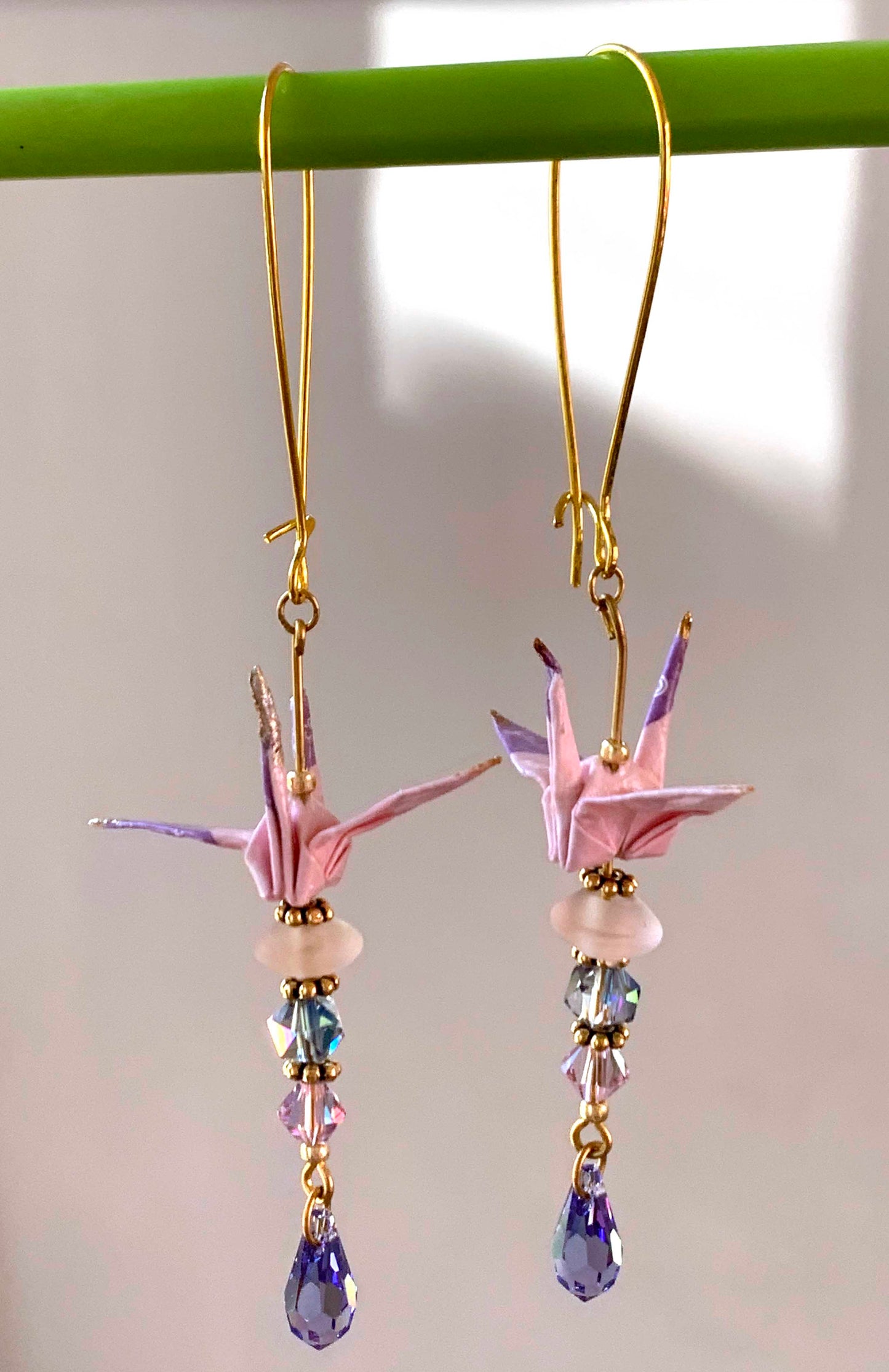 Beaded Mini Pink Paper Crane Earrings