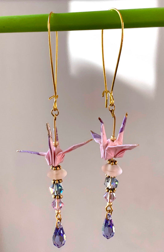 Beaded Mini Pink Paper Crane Earrings