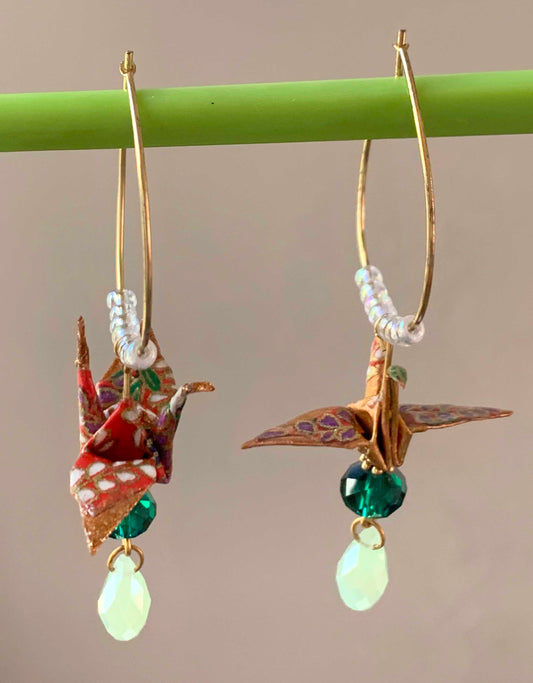 Beaded Mini Gold & Red Paper Crane Hoop Earrings