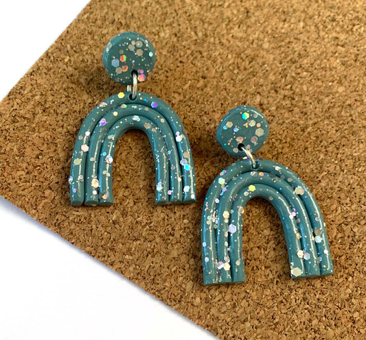 Mini Teal Glitter Rainbow Earrings