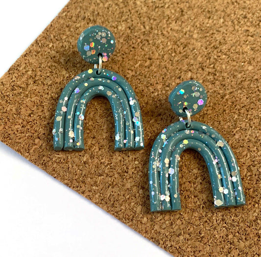 Mini Teal Glitter Rainbow Earrings