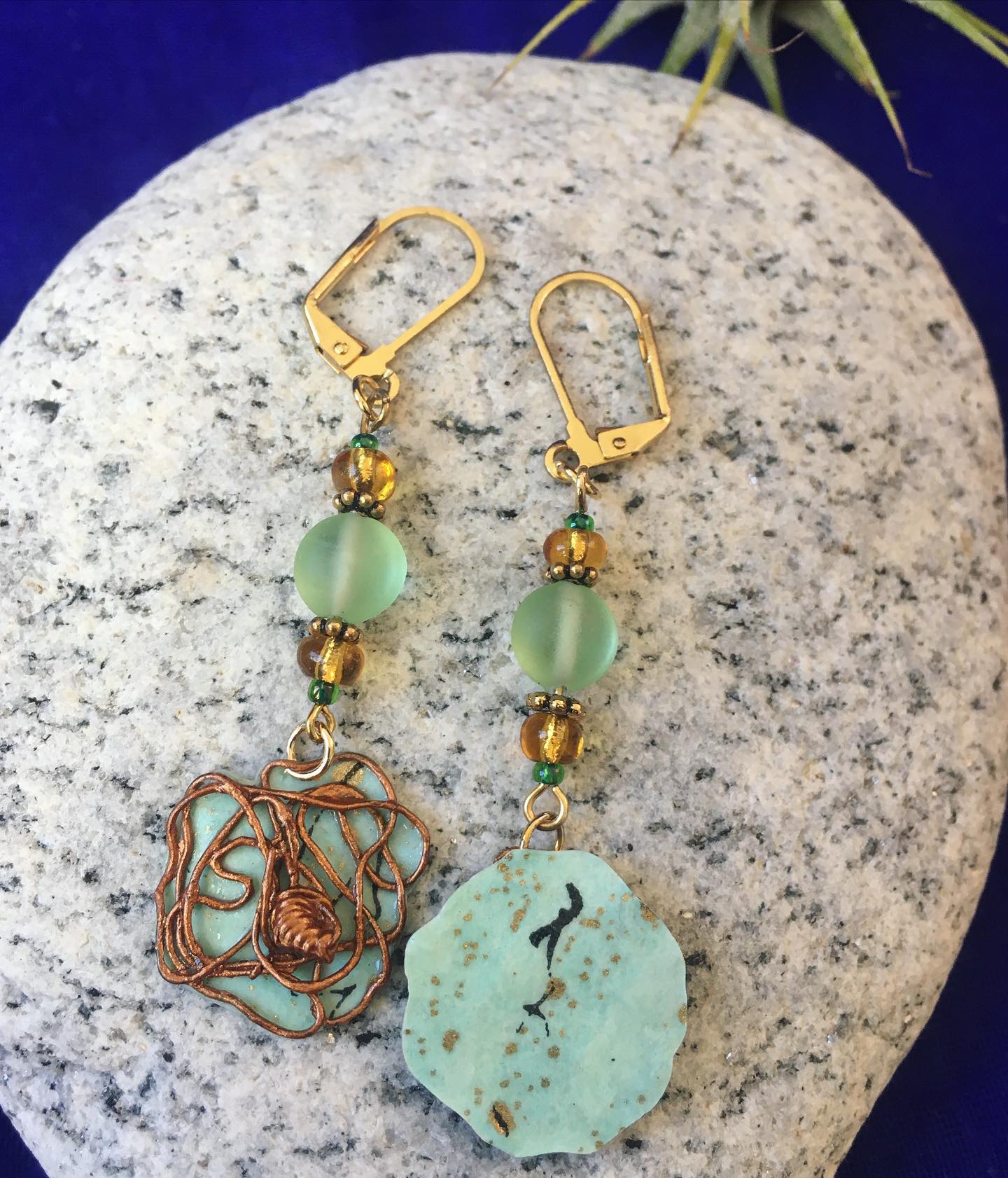 Aqua & Gold Wire Flower Earrings