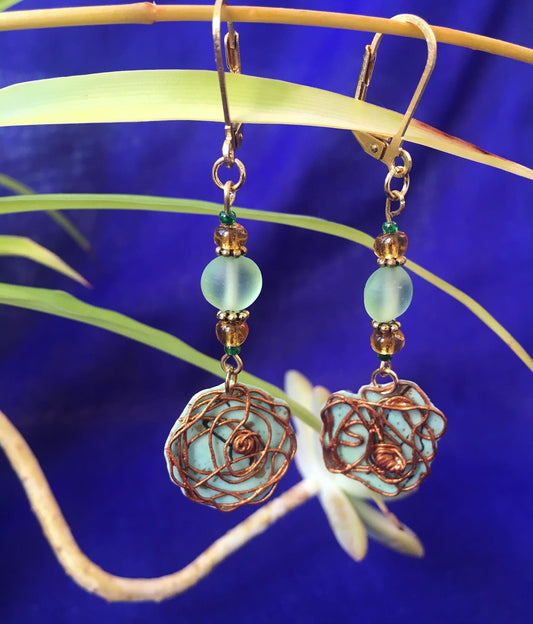 Aqua & Gold Wire Flower Earrings